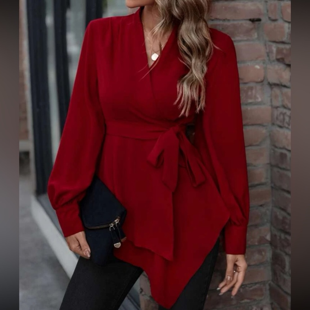 Red tie waist peplum blouse
